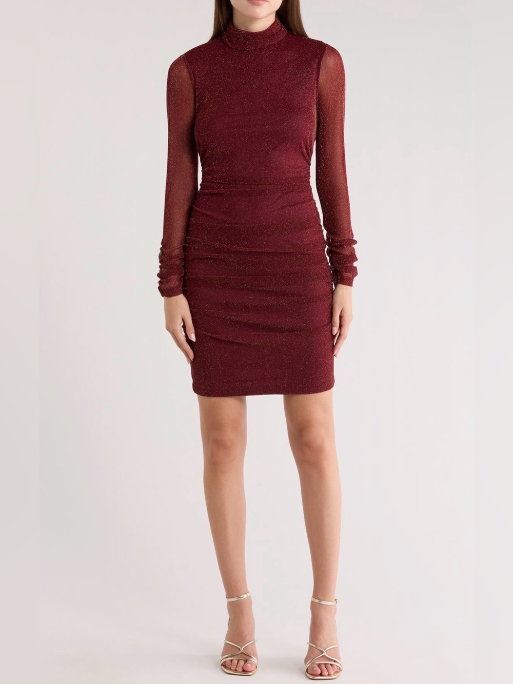 Eliza J Mock Neck Ruched Long Sleeve Mesh Body-Con Dress Burgundy size 18 NWT